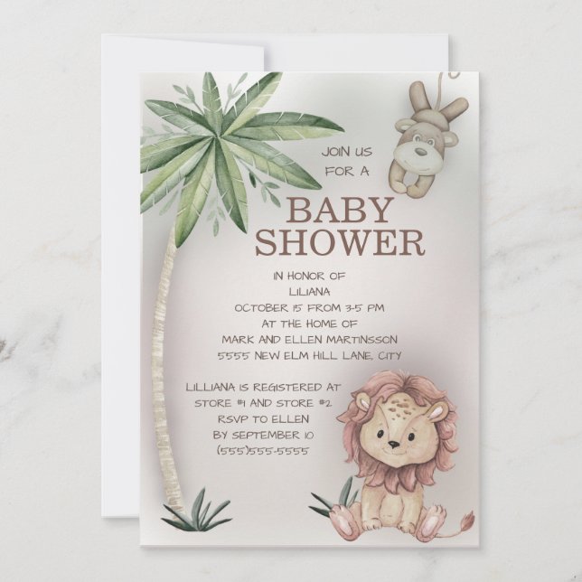 Lion Monkey Tropical Palm Tree Safari Baby Shower Invitation (Front)