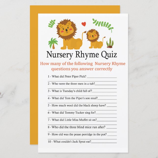 Lion Nursery Rhyme Quiz baby shower game (Front/Back)
