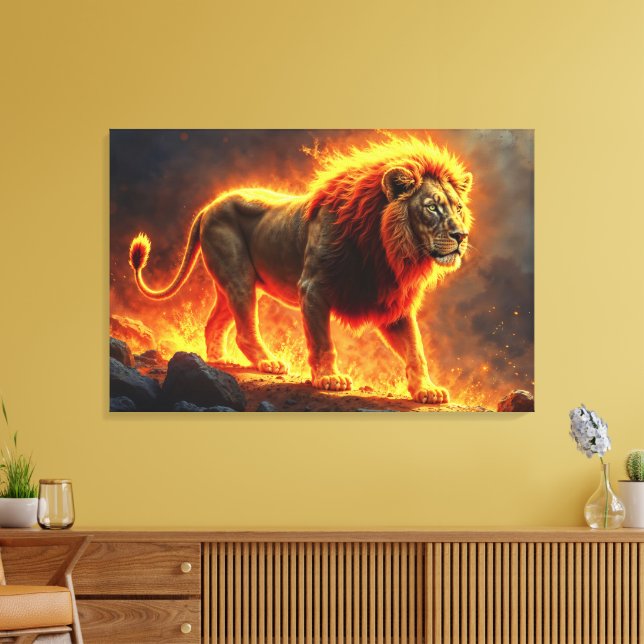 Lion of flames burning volcano fire fantasy art canvas print (Insitu(LivingRoom))
