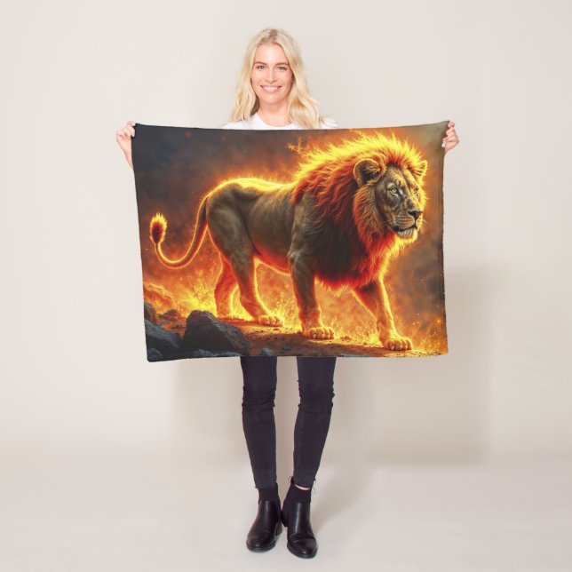Lion of flames burning volcano fire fantasy art fleece blanket (In Situ)