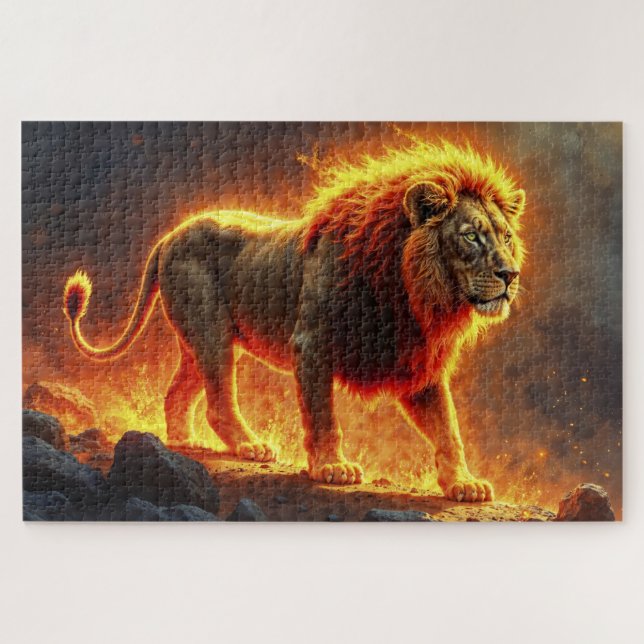 Lion of flames burning volcano fire fantasy art jigsaw puzzle (Horizontal)