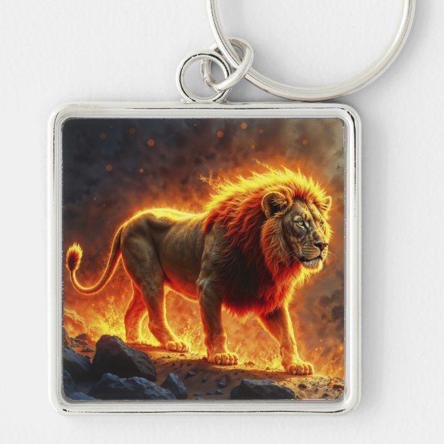 Lion of flames burning volcano fire fantasy art keychain (Front)
