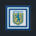 Lion of Judah Emblem Jerusalem Hebrew 2 Inch Square Button<br><div class="desc">Square button with an image of a blue and yellow Lion of Judah emblem on white with light blue and dark blue borders and “Jerusalem” in Hebrew in blue letters above it. See matching square charm, large round premium metal keychain, square double-sided acrylic keychain, round necklace and wrist watch. See...</div>