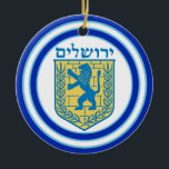 Lion of Judah Emblem Jerusalem Hebrew Ceramic Ornament<br><div class="desc">Round ceramic ornament with an image,  on both sides,  of a blue and yellow Lion of Judah emblem and wide double blue borders trimmed in light blue on white. See the entire Hanukkah Ornament collection under the HOME category in the HOLIDAYS section.</div>