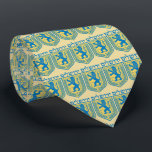 Lion of Judah Emblem Jerusalem Hebrew Tie<br><div class="desc">Men’s gold tie with an image of blue and yellow Lion of Judah emblems with "Jerusalem" in Hebrew above them in blue letters. See the entire Hanukkah Tie collection under the ACCESSORIES category in the HOLIDAYS section.</div>