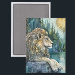 Lion of the Enchanted Realm Fantasy Art Magnet<br><div class="desc">Bring a touch of majestic fantasy to your space with the Lion of the Enchanted Realm magnet. This beautiful design features a regal lion resting beside a tranquil forest lake, surrounded by towering evergreen trees and ornate golden accents that evoke the magic of a hidden realm. Rendered in an AI-assisted...</div>