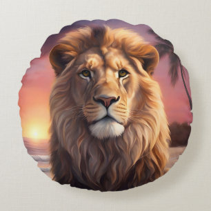 Lion on the beach round pillow