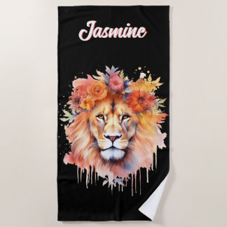 Lion Pastel Flowers Safari Watercolor Savannah Cat Beach Towel