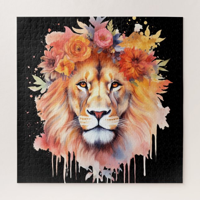 Lion Pastel Flowers Safari Watercolor Savannah Cat Jigsaw Puzzle (Vertical)