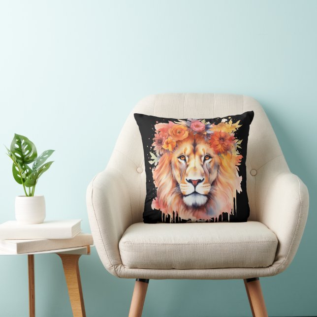 Lion Pastel Flowers Safari Watercolor Savannah Cat Throw Pillow (Chair)