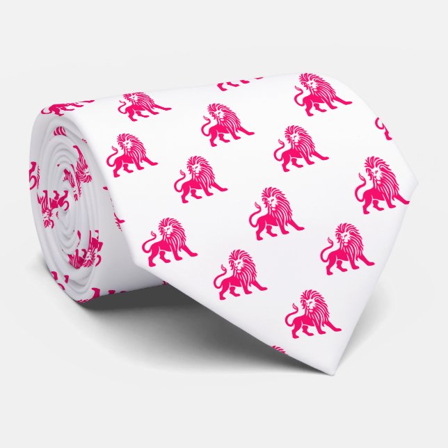 Lion Pattern - Neon Red on White Tie (Rolled)