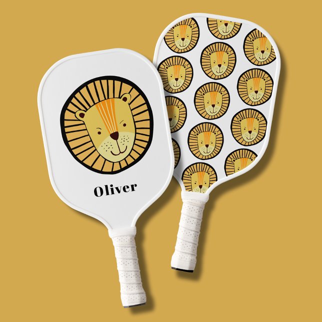 Lion Personalized Name Pickleball Paddle (Custom pickleball paddle with lion pattern to one side, lion motif and personalized name to front. )