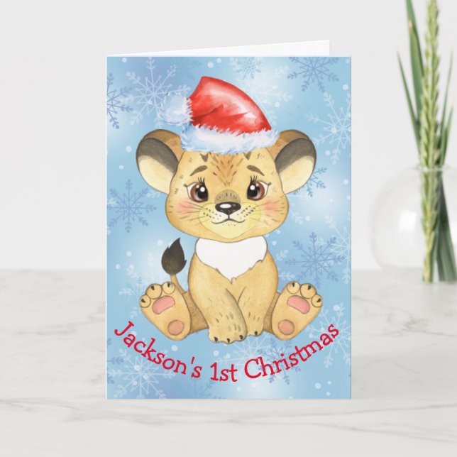 Lion personnalisé 1er Noël Baby Boy Carte bleue (Devant)