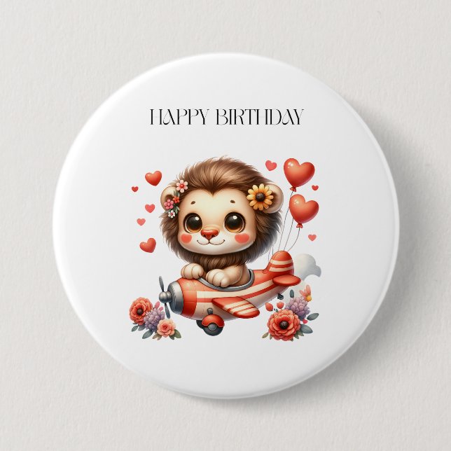 Lion Pilot Birthday 3 Inch Round Button (Front)