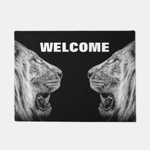 Lion Portraits on Black Welcome Doormat