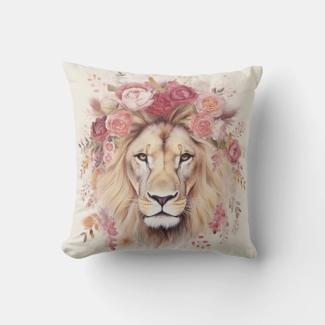 Lion print with flower throw pillow (Front)