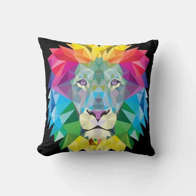 Lion Rainbow Solid Black Back Throw Pillow (Front)