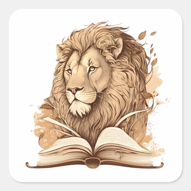 Lion Reading Book, Wild About Reading Square Sticker (Front)