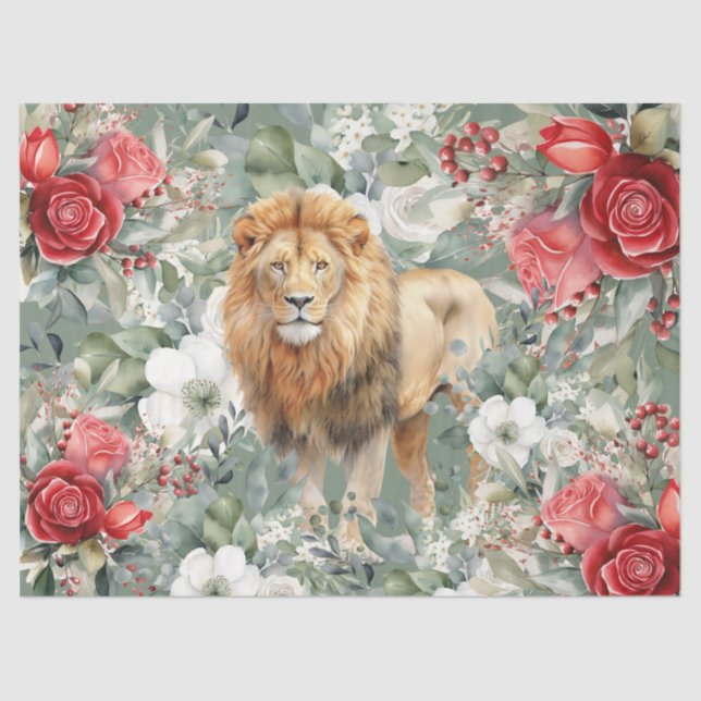  Lion, Red Roses & Eucalyptus  Decoupage  Tissue Paper (Front)