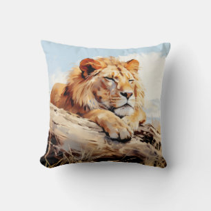Lion Relaxing On Tree Trunk Animal Fun Happy Cool Throw Pillow