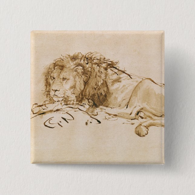 Lion Resting (pen and ink on paper) 2 Inch Square Button (Front)