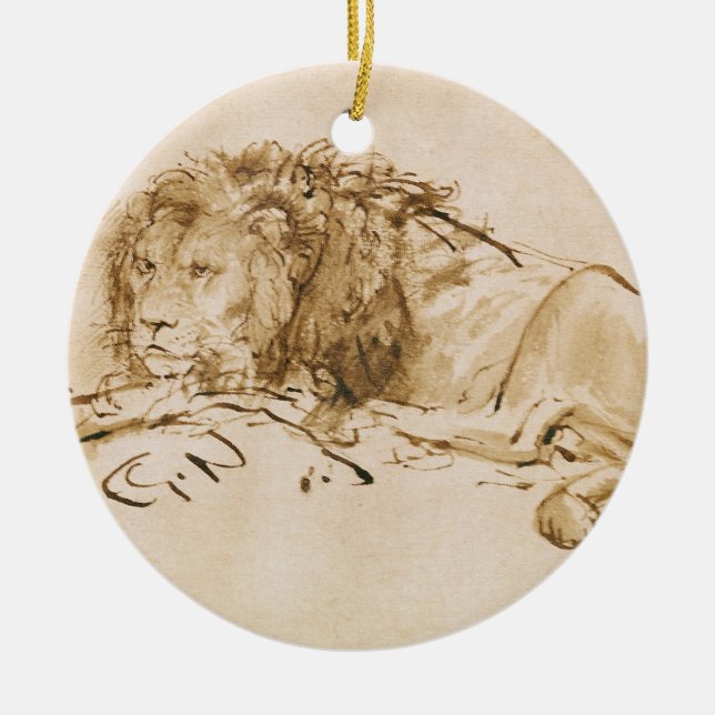 Lion Resting (pen and ink on paper) Ceramic Ornament (Front)