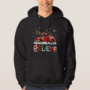 Lion Riding Red Truck Christmas Tree Believe Santa Hoodie