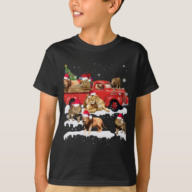 Lion Riding Red Truck Merry Christmas X-mas Ugly G T-Shirt (Front)