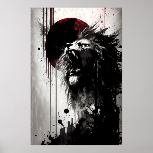 Lion Roaring Into The Night Sky Poster (Front)