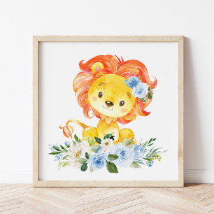 Lion, Safari, Jungle, Blue Flowers, Boy Nursery Photo Print