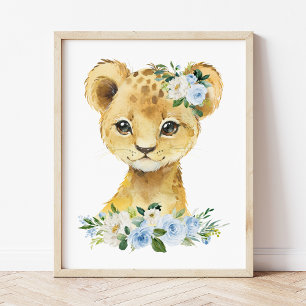 Lion, Safari, Jungle, Blue Flowers, Boy Nursery Photo Print