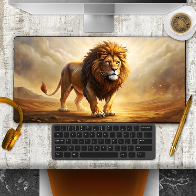 Lion Safari Nature Desk Mat (Desk mat featuring a fine art painting of an impressive lion - safari majestic big cat )