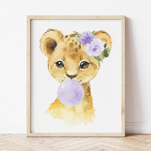 Lion, Safari, Purple Bubble Gum, Gender Neutral Photo Print