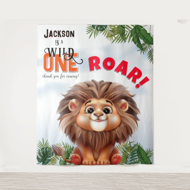 Lion Safari Wild One Kids Birthday Backdrop Tapestry (Front)