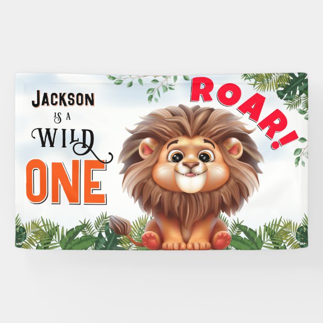 Lion Safari Wild One Kids Birthday Banner (Horizontal)