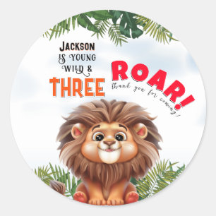 Lion Safari Wild & Three Kids Birthday Classic Round Sticker
