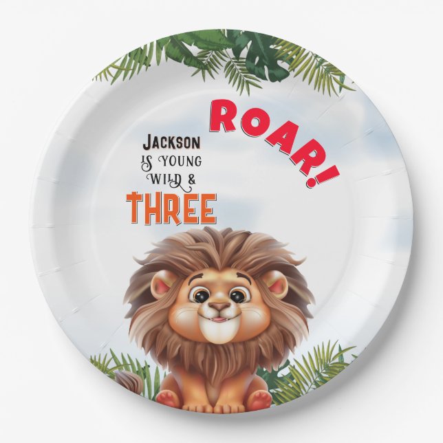 Lion Safari Wild & Three Kids Birthday Paper Plate (Front)
