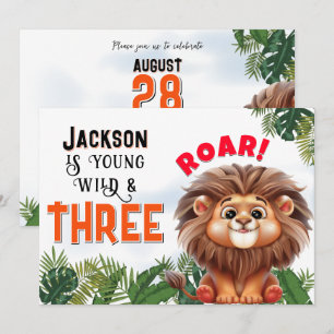 Lion Safari Wild & Three Kids Birthday Party Invitation