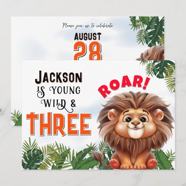 Lion Safari Wild & Three Kids Birthday Party Invitation (Front/Back)