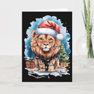 Lion Santa Hat Christmas Lights Watercolor Winter  Card
