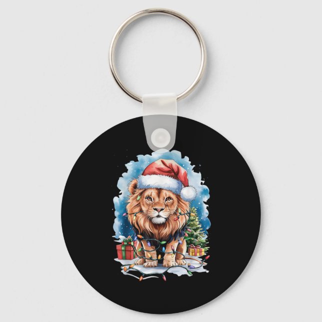 Lion Santa Hat Christmas Lights Watercolor Winter  Keychain (Front)