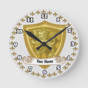 Lion Shield Family Crest Surname Round Clock