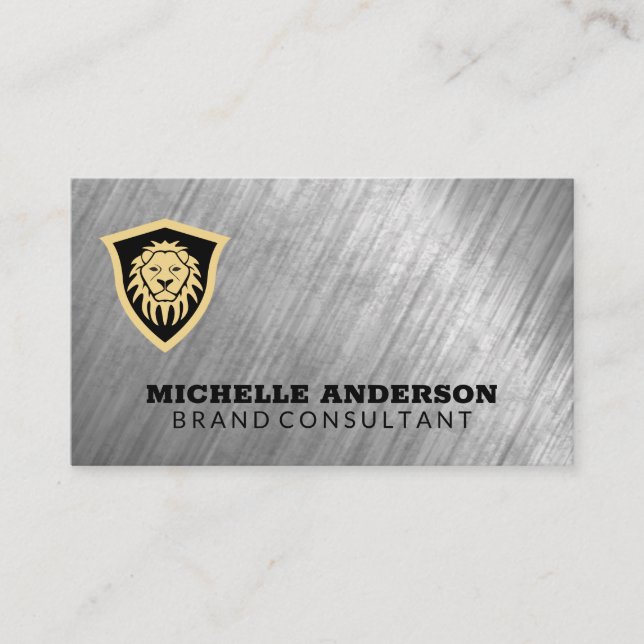 Lion Shield | Metal Texture Background Business Card (Front)