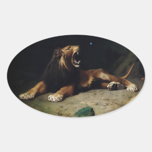 Lion Snapping at a Butterfly Oval Sticker
