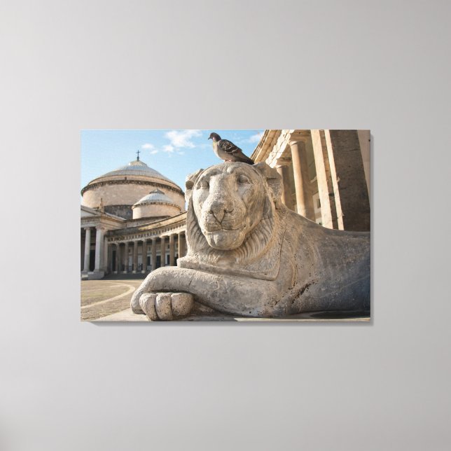 Lion statue in front of historic church canvas print (Front)