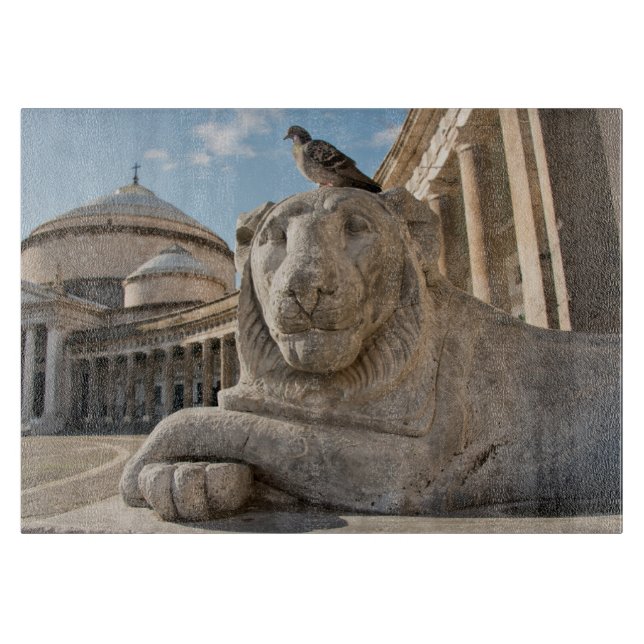 Lion statue in front of historic church cutting board (Front)