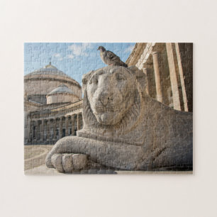 Lion statue in front of historic church jigsaw puzzle