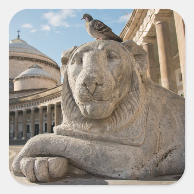 Lion statue in front of historic church square sticker (Front)