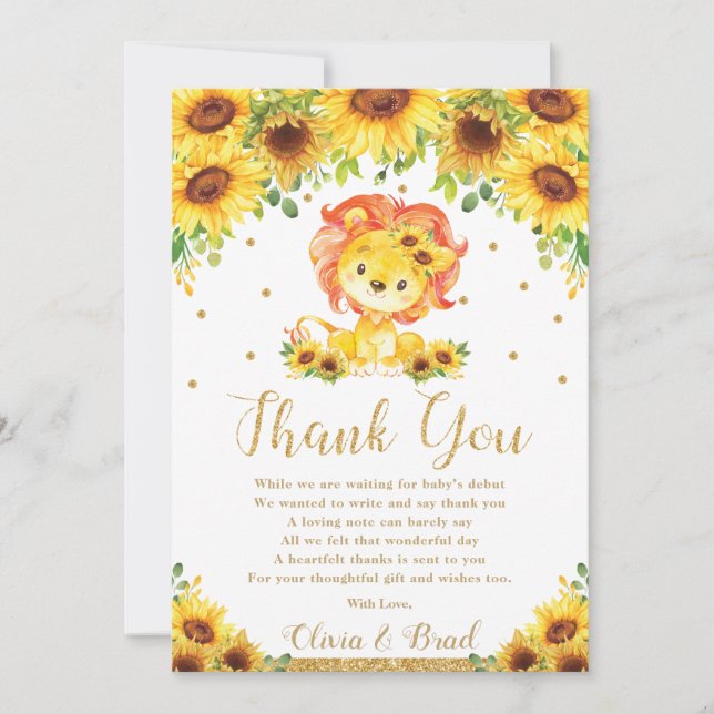 Lion Sunflower Baby Shower Birthday Thank You Card (Front)