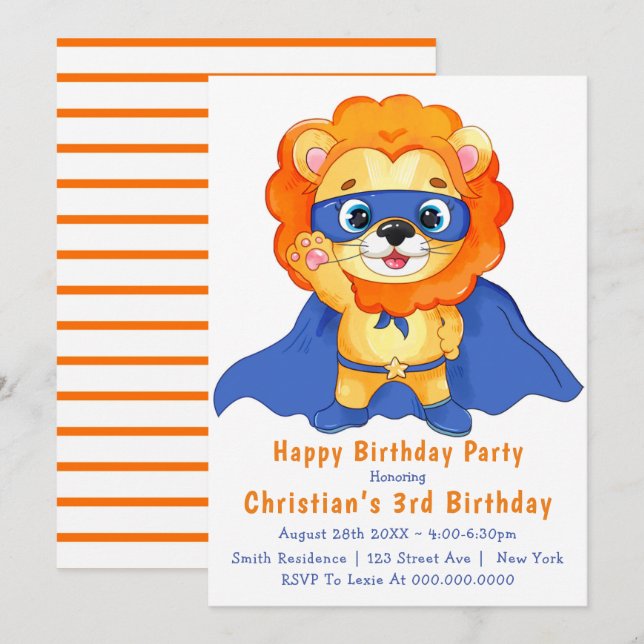 Lion Superhero 3e anniversaire Invitations (Devant / Derrière)